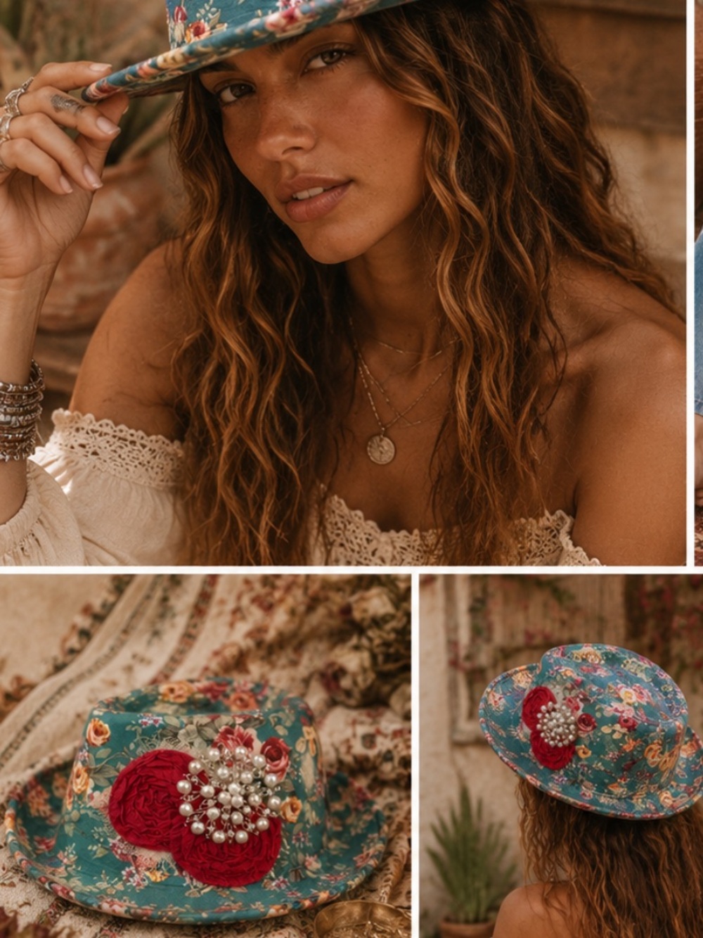 Floral Teal Fedora with Red Rosette & Pearl Brooch - Picture 2 of 3